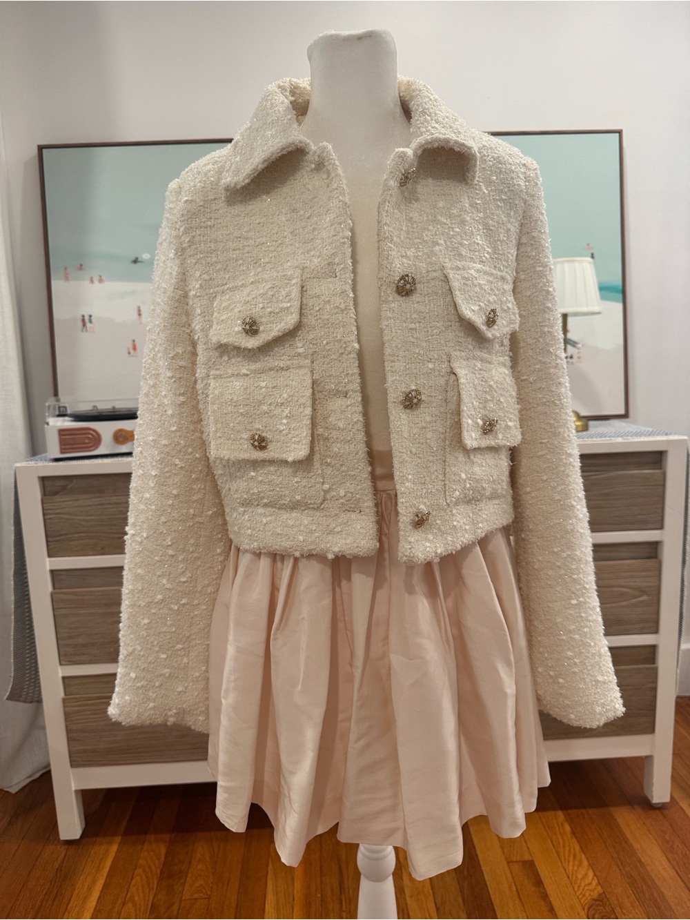 Cropped Bouclé Jacket in Cream - Elegant Women's Coat - Picture 1 of 9